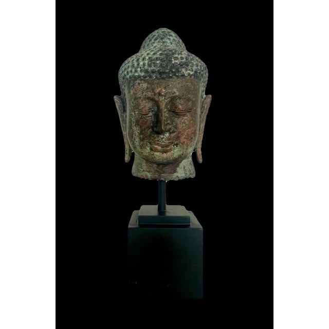 South East Asian Buddha Head Mounted on Square Black Pedestal For Sale In Tampa - Image 6 of 11