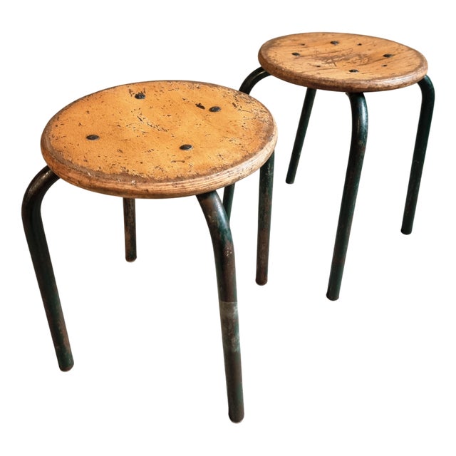 Vintage French Industrial Stackable Workshop Stools in Green Tubular Steel Frame with Beech Plywood Seat, 1960s, Set of 2 For Sale