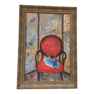 Mid 20th Century Oil on Canvas by Lily Birnbaum Javits, Red Armchair Still Life, Framed For Sale