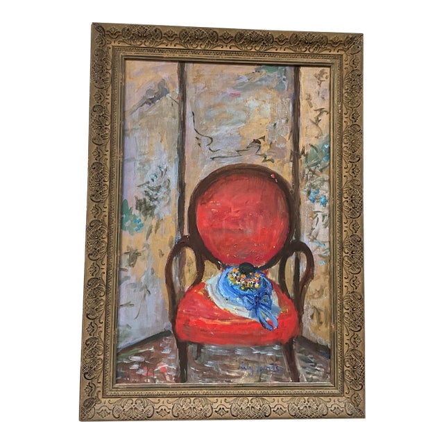 Mid 20th Century Oil on Canvas by Lily Birnbaum Javits, Red Armchair Still Life, Framed For Sale