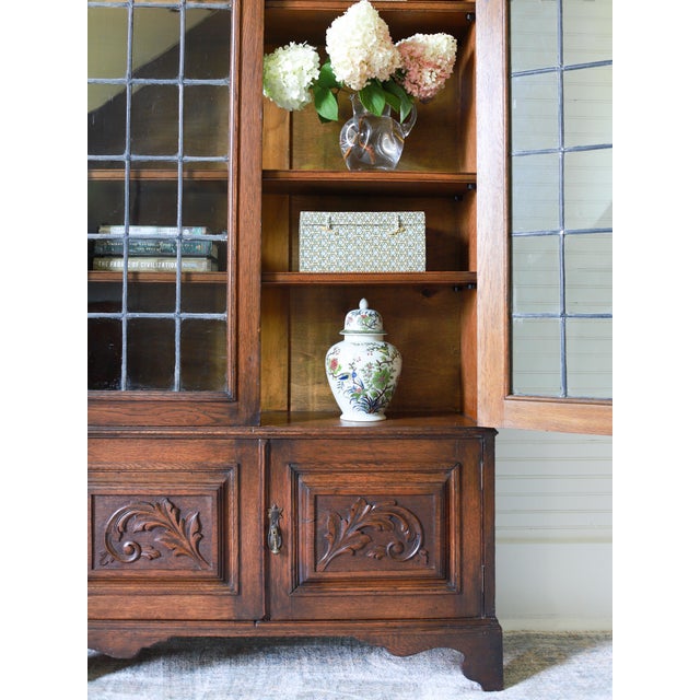 Antique English Oak Leaded Glass Bookcase, Cabinet For Sale - Image 10 of 10