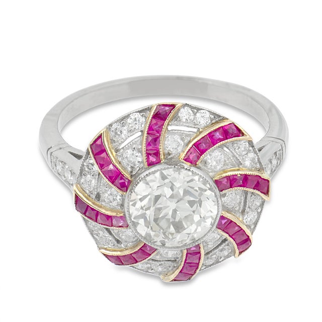 Modern Art Deco Style 1.42 Carat Diamond Ruby Platinum Cluster Swirl Ring, Size 6.75 For Sale - Image 3 of 6