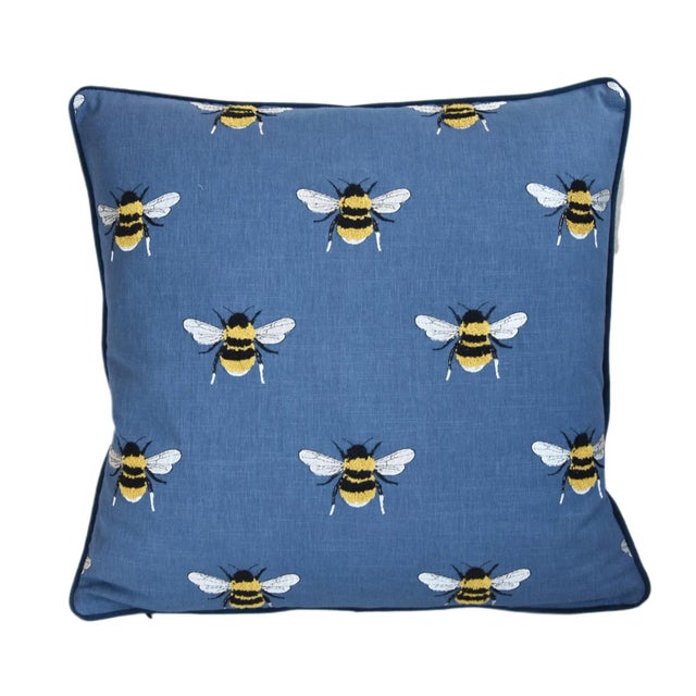 Blue French Napoleonic Embroidered & Tufted Bee Linen & Velvet Feather/Down Pillow 22” Square For Sale - Image 4 of 10