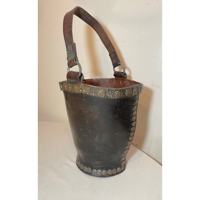 Animal Skin Rare Antique 1700's Handmade Copper Riveted Leather English Fire Fighter Bucket For Sale - Image 7 of 12