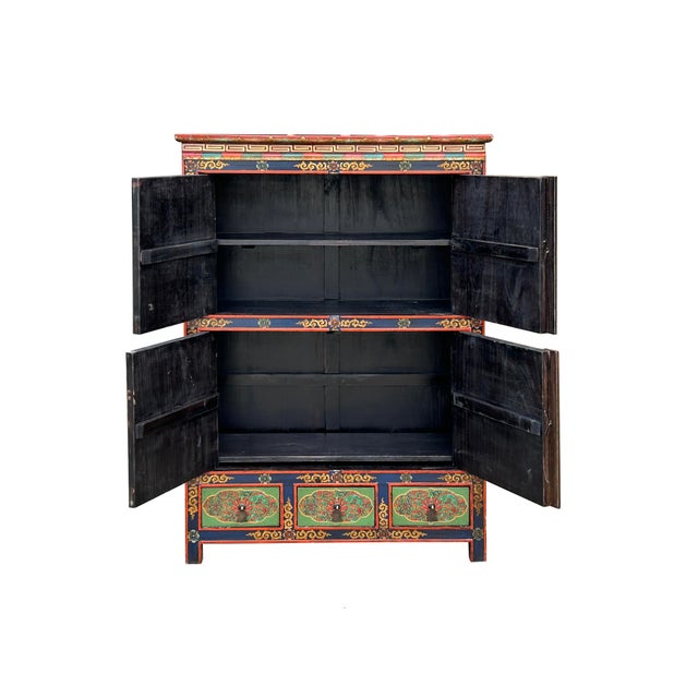 Asian Tibetan Style Lotus Green Geometric Graphic Credenza Storage Cabinet For Sale - Image 3 of 11