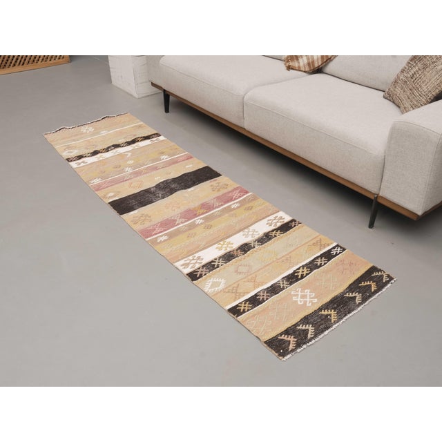 Textile 1970s Vintage Handmade Wool Cotton Beige Runner Rug For Sale - Image 7 of 11