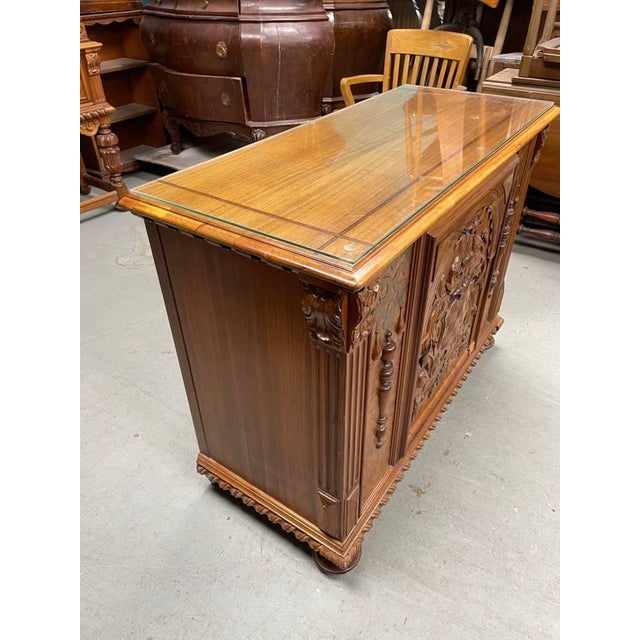 Jacobean Antique Hand Carved Sideboard Cabinet, Berkey & Gay, Jacobean Revival, Walnut + Burl Wood, Glass Top, Attributed For Sale - Image 3 of 8