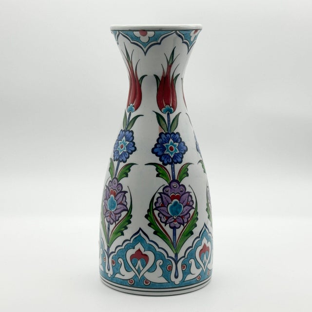 Handmade Ceramic Vase (25cm) Traditional Turkish Red Tulip & Purple Floral Pattern – Elegant Conical Art Decor For Sale - Image 4 of 6