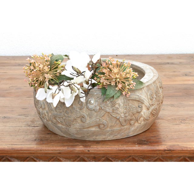 Deep Relief Floral Stone Round Bowl For Sale In Los Angeles - Image 6 of 6