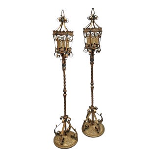Early 20th Century Venetian Revival Polychrome Iron Torchiere Lanterns Floor Lamps - Pair For Sale