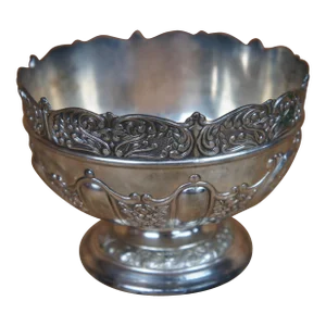 Vintage Japanese Repousse Silver Plate Round Footed Pedestal Compote Bowl