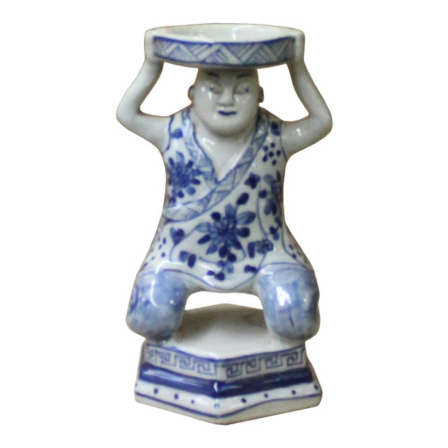 Oriental Ceramic Blue White Man Holding Dish Figure For Sale