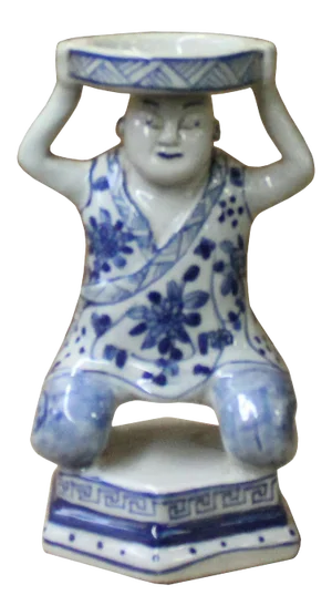 Oriental Ceramic Blue White Man Holding Dish Figure