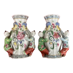 Antique 19th Century Chinese Export Porcelain Famille Rose Wall Pocket Vases - a Pair