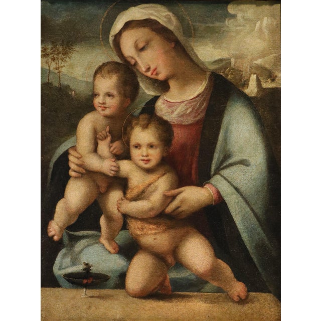 Follower of Domenico Beccafumi, Madonna and Child with the Infant Saint John the Baptist, 1600, Oil Painting on Canvas For Sale - Image 12 of 12