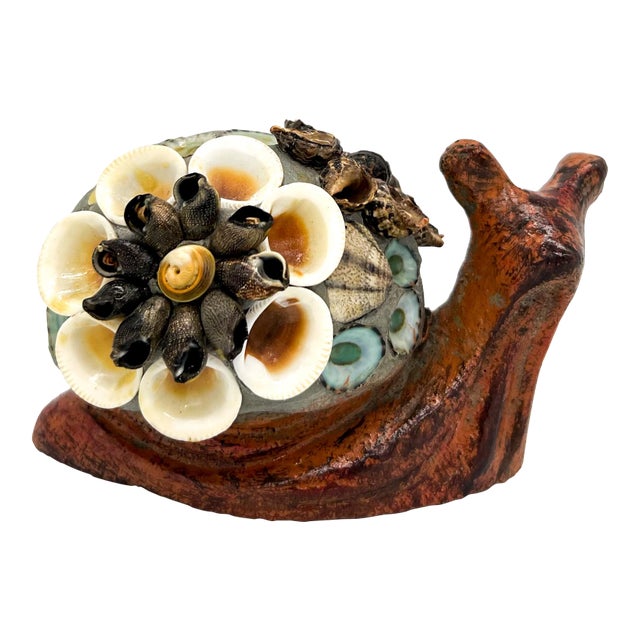 Vintage Folk Art Cement Snail Figurine With Seashell Floral Shell – Coastal Paperweight Decor For Sale