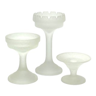 Mid-Century Modern Frosted Glass Pillar Candle Holder Curation - Group of 3 For Sale