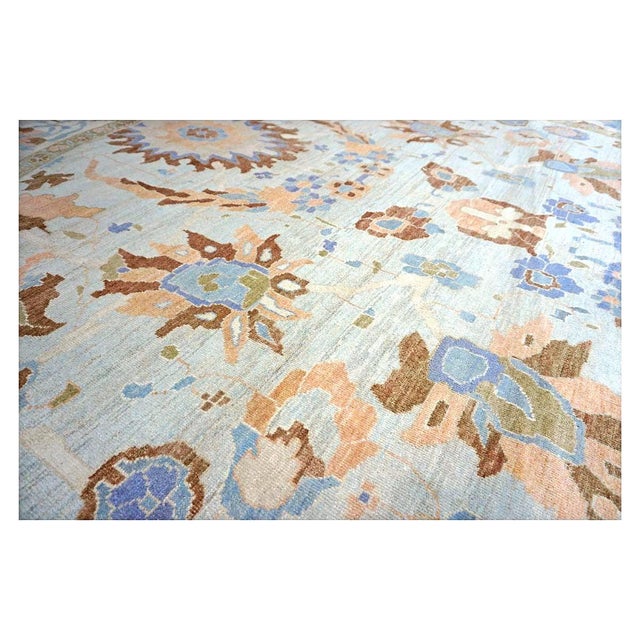 Ivory Afghan Sultanabad Master Wool 11x11 Ivory, Light Blue & Light Orange Handmade Round Area Rug #1143252 For Sale - Image 8 of 12