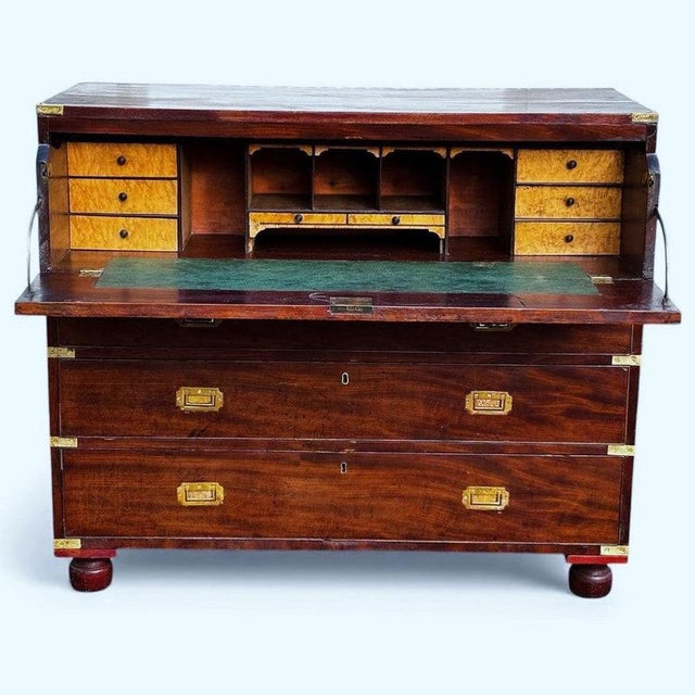 Mahogany Campaign Secretaire Chest Of Drawers. Top open and folds down to provide a writing area with drawers and pigeon...