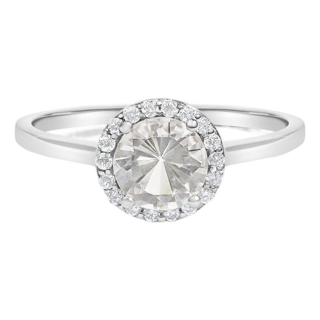 10K White Gold White Topaz and 1/10 Cttw Diamond Halo Ring For Sale