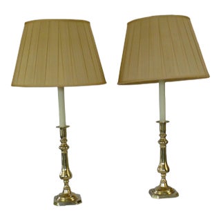 Pair of Late 20th Century Virginia Metalcrafters Brass Candlestick Lamps With Original Shades For Sale