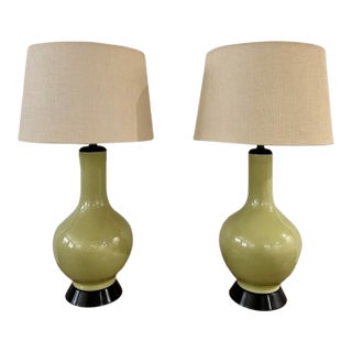 1940s Pair of MCM Designer Richard Lindley Melrose Place Celadon Porcelain Table Lamps For Sale