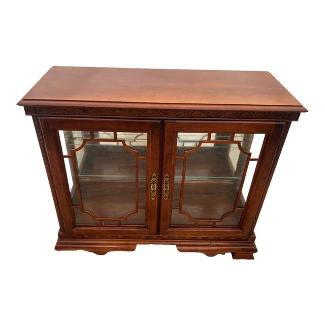 Vintage China Cabinet Curio Display Glass Door, Shelf, Curved Sides, Mirror Back For Sale