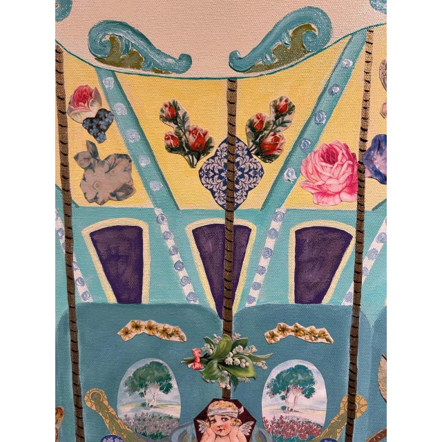 Textile Monumental Painting & Collage of Whimsical Carousel in France For Sale - Image 7 of 13