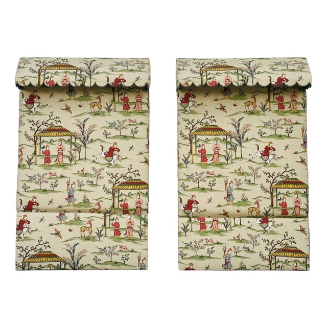 Pair of Tall Twin Scalloped Canopy Headboards in Thibaut “Ting Yuan” For Sale