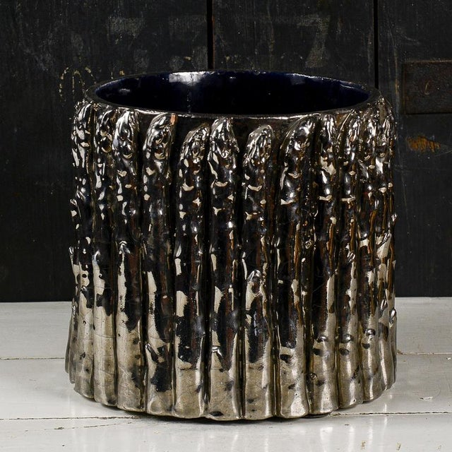 Mid-Century Modern Vintage Terracotta Plant Pot with Silver Asparagus Design For Sale - Image 3 of 9