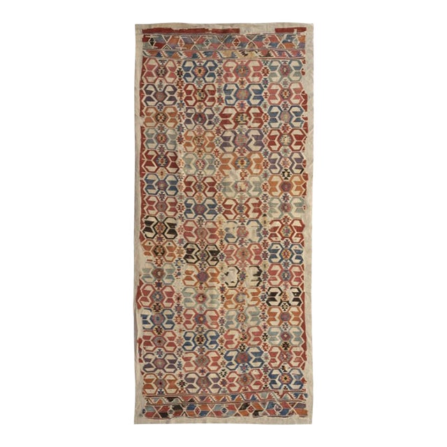 Antique Turkish Runner Kilim With Colorful Hexagon Geometric Motifs - Rug & Kilim For Sale
