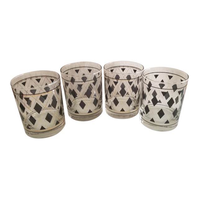 1950's-1960's Argyle Black and Gold Diamond Shapes Rocks Glasses - Set of 4 For Sale