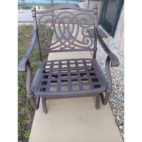 1990s Cast Aluminum Brown Patio Rocking Armchair Set of 4 For Sale - Image 9 of 9
