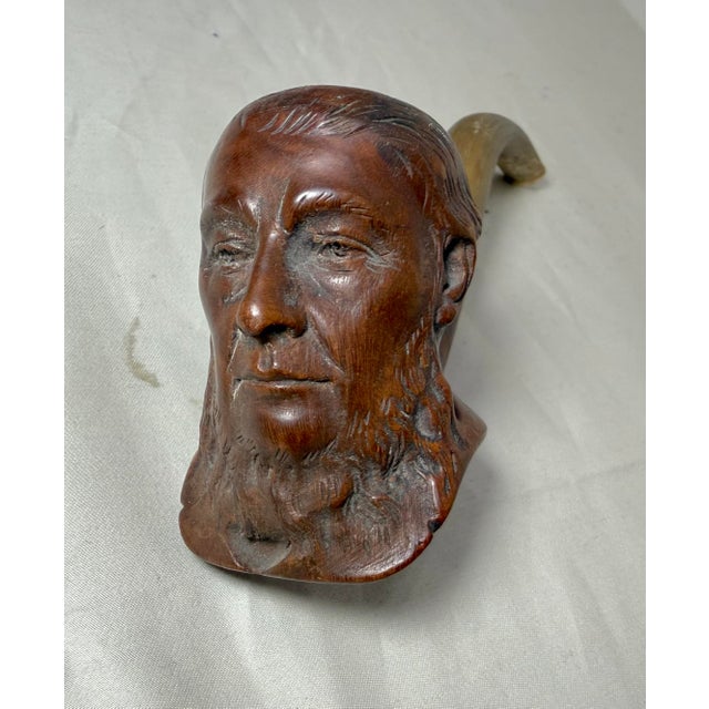 Figurative Antique 19th Century Hand Carved Burl Wood Horn Figural Man Face Smoking Pipe For Sale - Image 3 of 15
