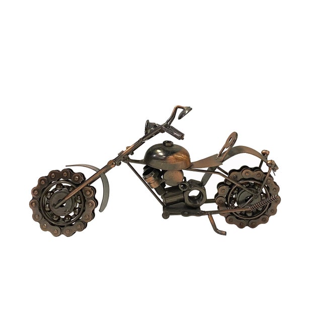 Metal Copper Bronze Color Metal Mechanic Motorcycle Display Art Figure For Sale - Image 7 of 7