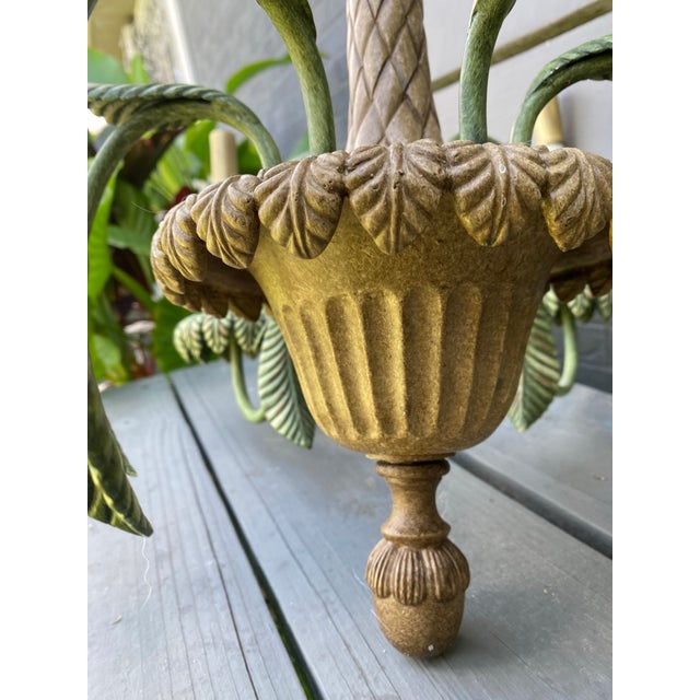 Vintage Tole Metal Palm Beach Tropical Hollywood Regency-Style Tole Palm Tree Chandelier Featuring Green-Painted Metal Fronds and Faux-Candle Arms For Sale In Naples, FL - Image 6 of 12