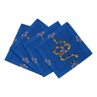 Thistle And Snake Cotton Sateen Cocktail Napkins in Blue, Set of 4 For Sale