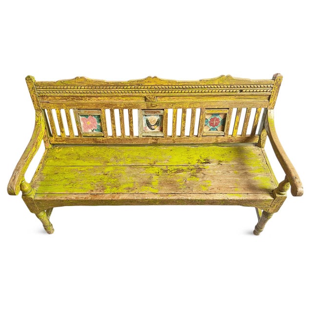 Unique worn original chartreuse painted vintage teak wood bench with old India tiles across back. Hints of worn subtle...