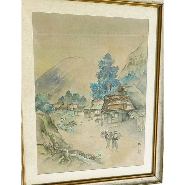 Beige Asian Old Water Color Landscape Painting on Silk Framed 22.5" H For Sale - Image 8 of 10