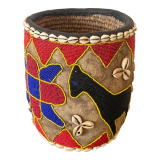 Vintage Nigerian Yoruba Beaded Basket With Cowrie Shell Decoration For Sale