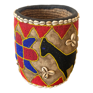 Vintage Nigerian Yoruba Beaded Basket With Cowrie Shell Decoration