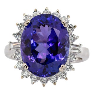 Statement 13x10mm, 9cts Tanzanite Ring W Natural Diamond Halo in Solid 14k Gold, Size 6.75 For Sale