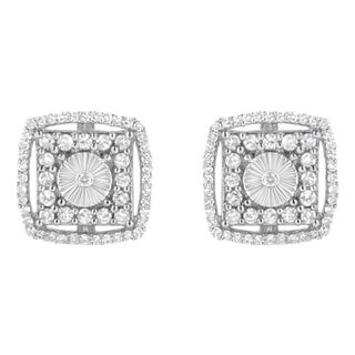 .925 Sterling Silver 1.0 Cttw Round Diamond Double Halo and Disc Stud Earring (I-J Color, I2-I3 Clarity) For Sale
