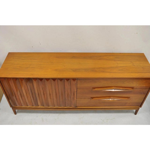 Vintage Albert Parvin for James Cameron Mid Century Danish Modern Sculpted Walnut Dresser Credenza. Item features six...