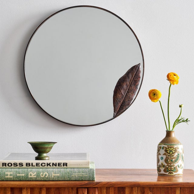 Contemporary Copper Leaf Round Mirror Wall Mirror Copper For Sale - Image 3 of 7