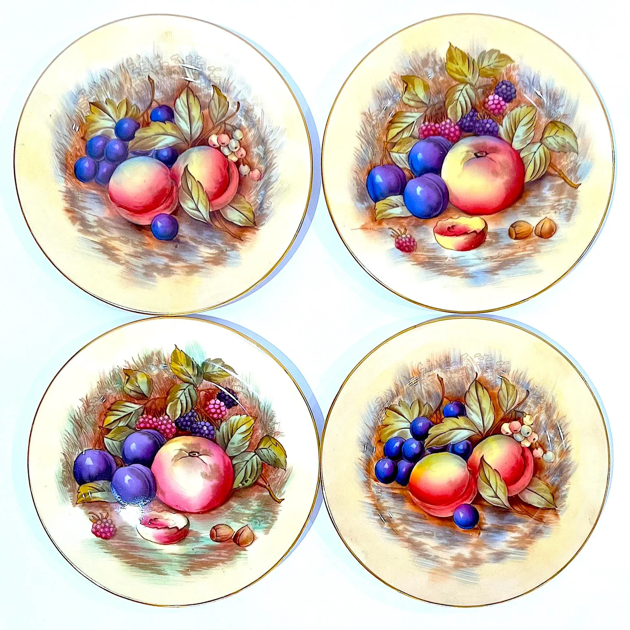 Aynsley Orchard Fruit Gold Appetizer Plates - Hand-Painted - Set