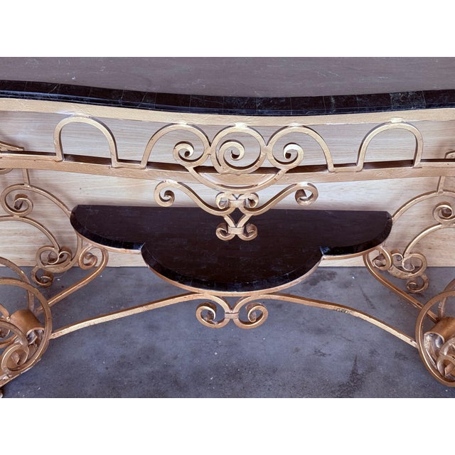 Gold French 19th Louis XV Wrought Iron Gilded Console with Marble top and Low Shelve For Sale - Image 8 of 18