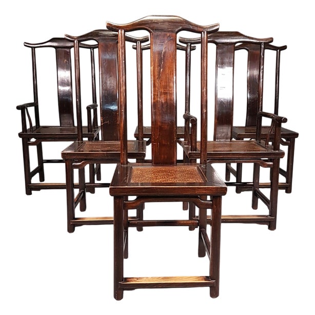 Vintage Chinese Brown Tall Yokeback Chairs, Set of 6 For Sale