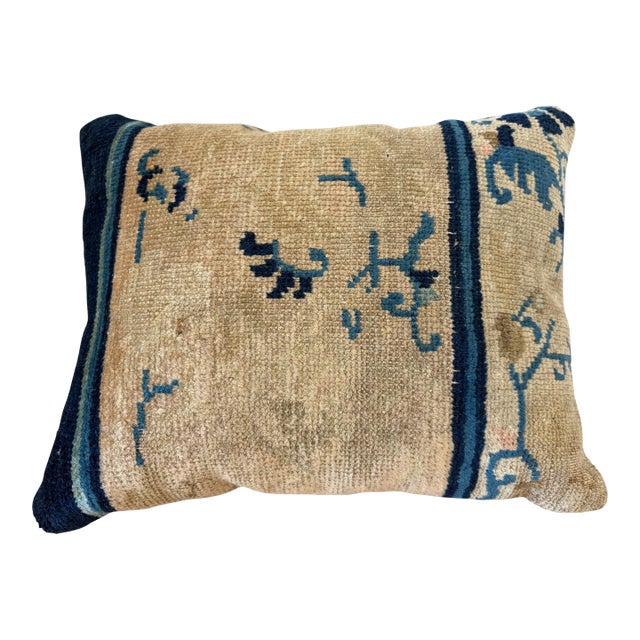 Custom Made Lumbar Pillow W/Antique Chinese Rug Fragment 13.5 "W For Sale