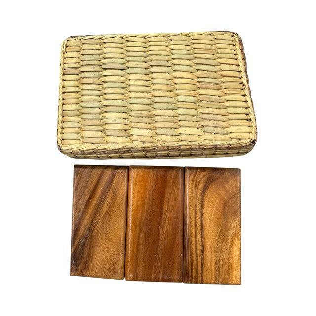 Vintage Mid-Century Teak & Woven Basket Serving Tray | 3-Section Divided Tray For Sale In Portland, ME - Image 6 of 6